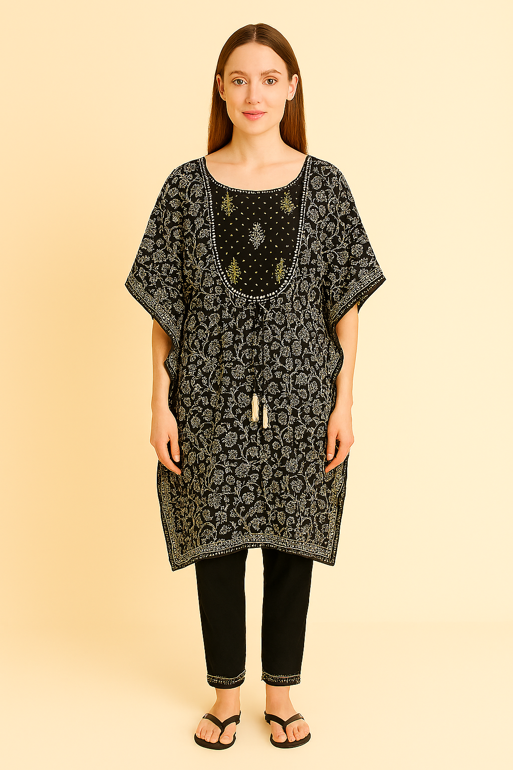 Black Printed Kaftan Kurti Set with Pants