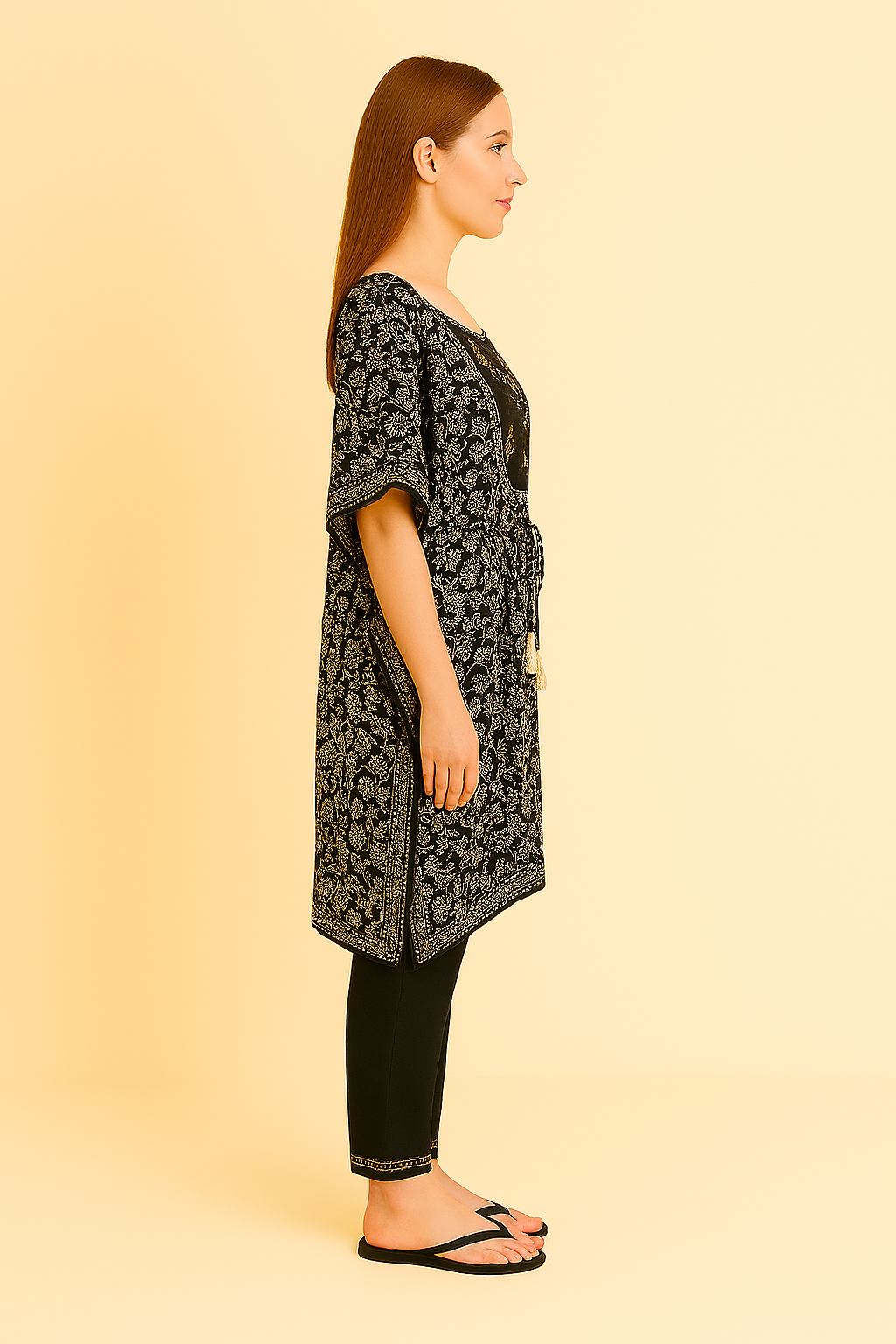 Black Printed Kaftan Kurti Set with Pants