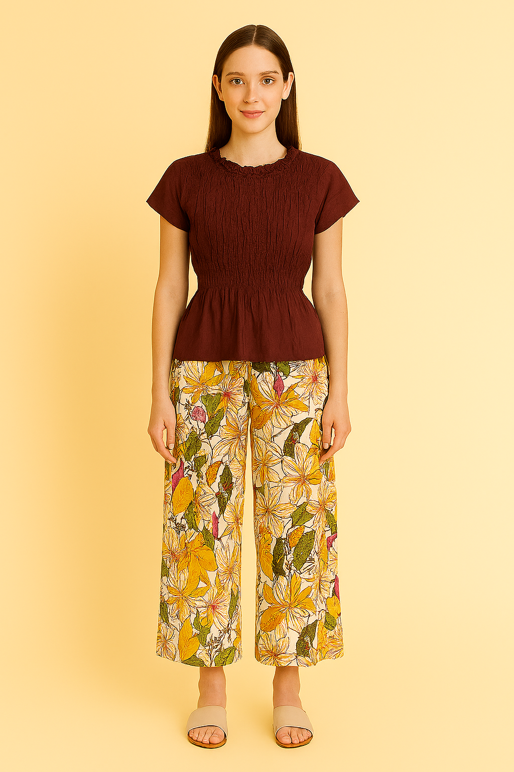 Brown Smocked Top with Printed Palazzo Pants – Co‑Ord Set