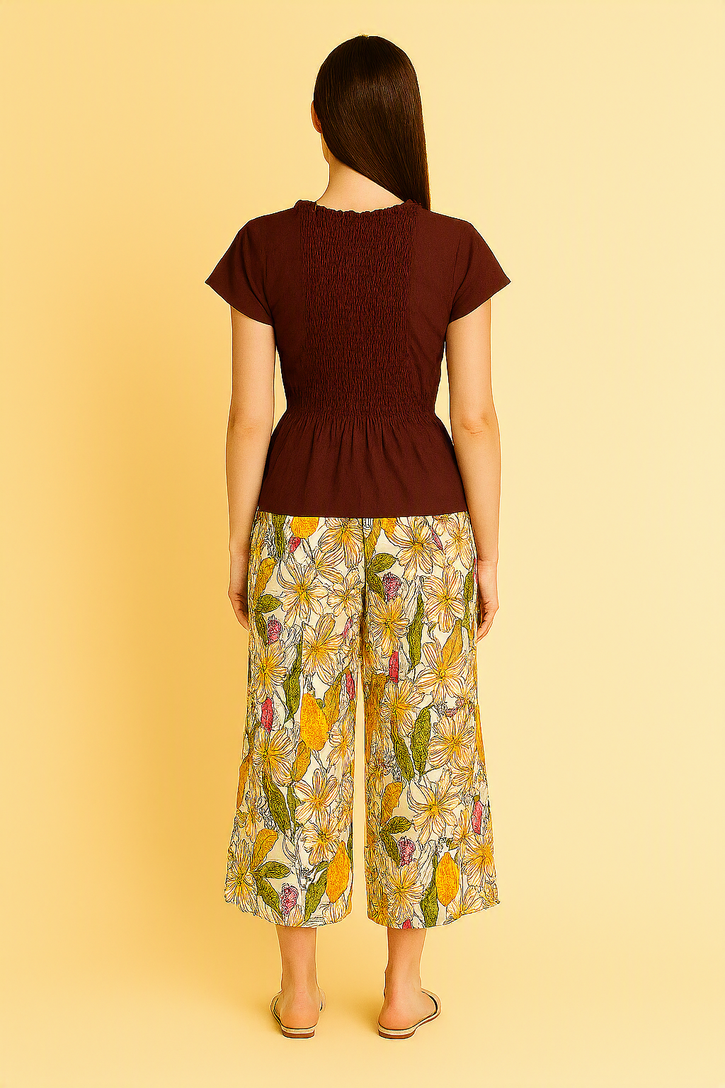 Brown Smocked Top with Printed Palazzo Pants – Co‑Ord Set