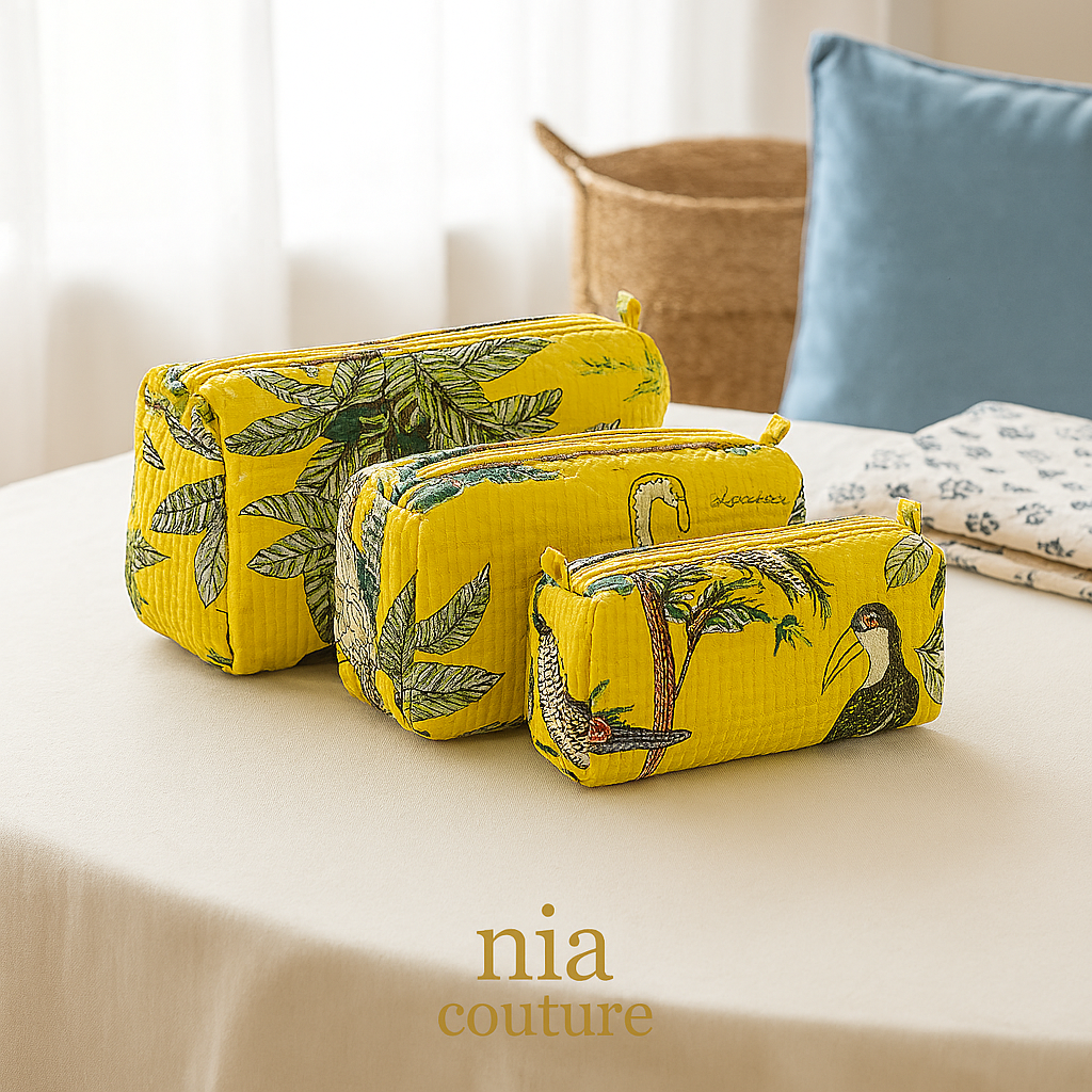 Nia Couture Quilted Zip Pouch Set – Printed Cotton.