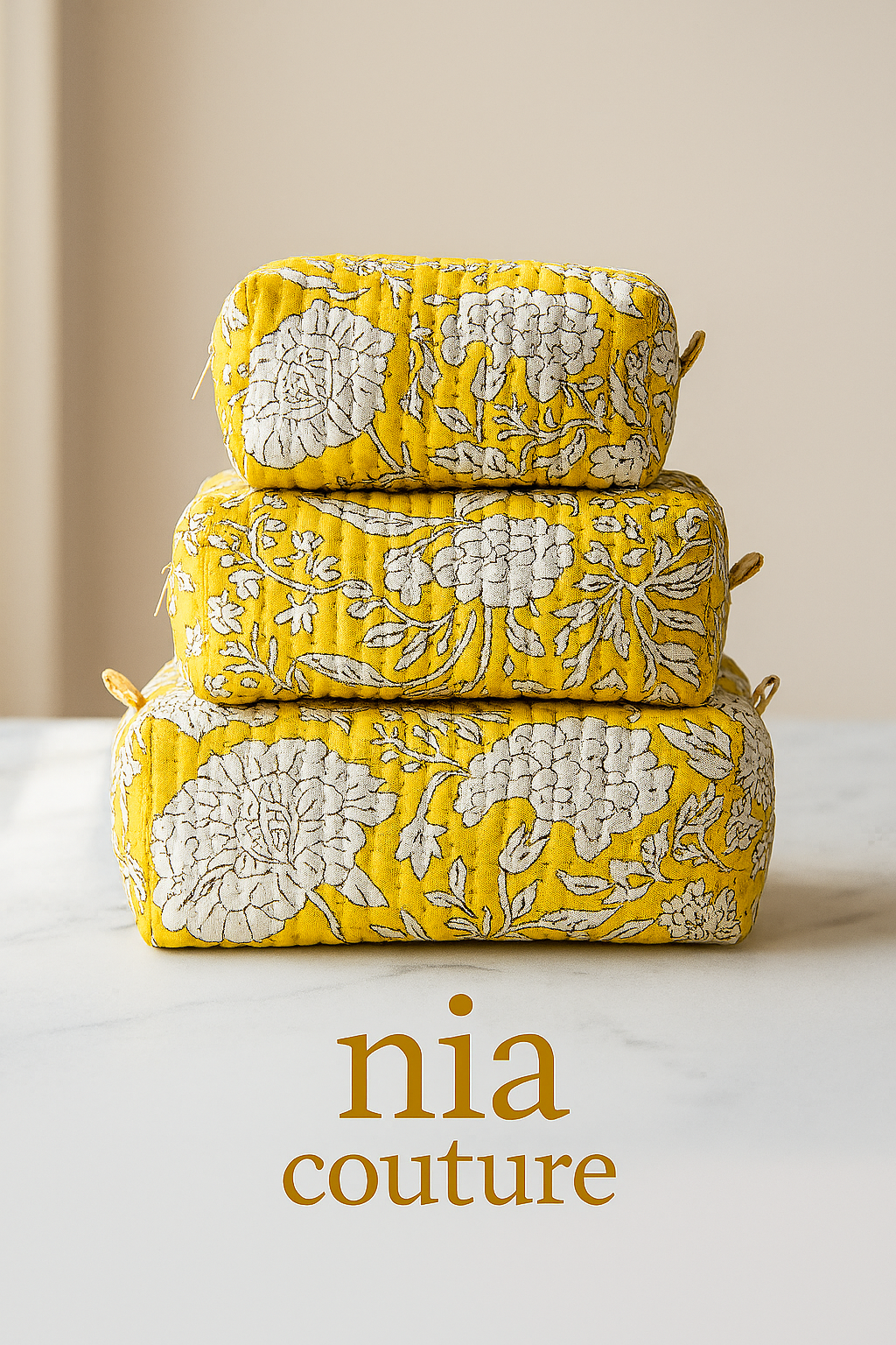 Nia Couture Quilted Floral Zip Pouch Set (Set of 3)Yellow