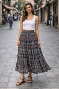Navy blue Flared Long Skirt with Elastic Waist