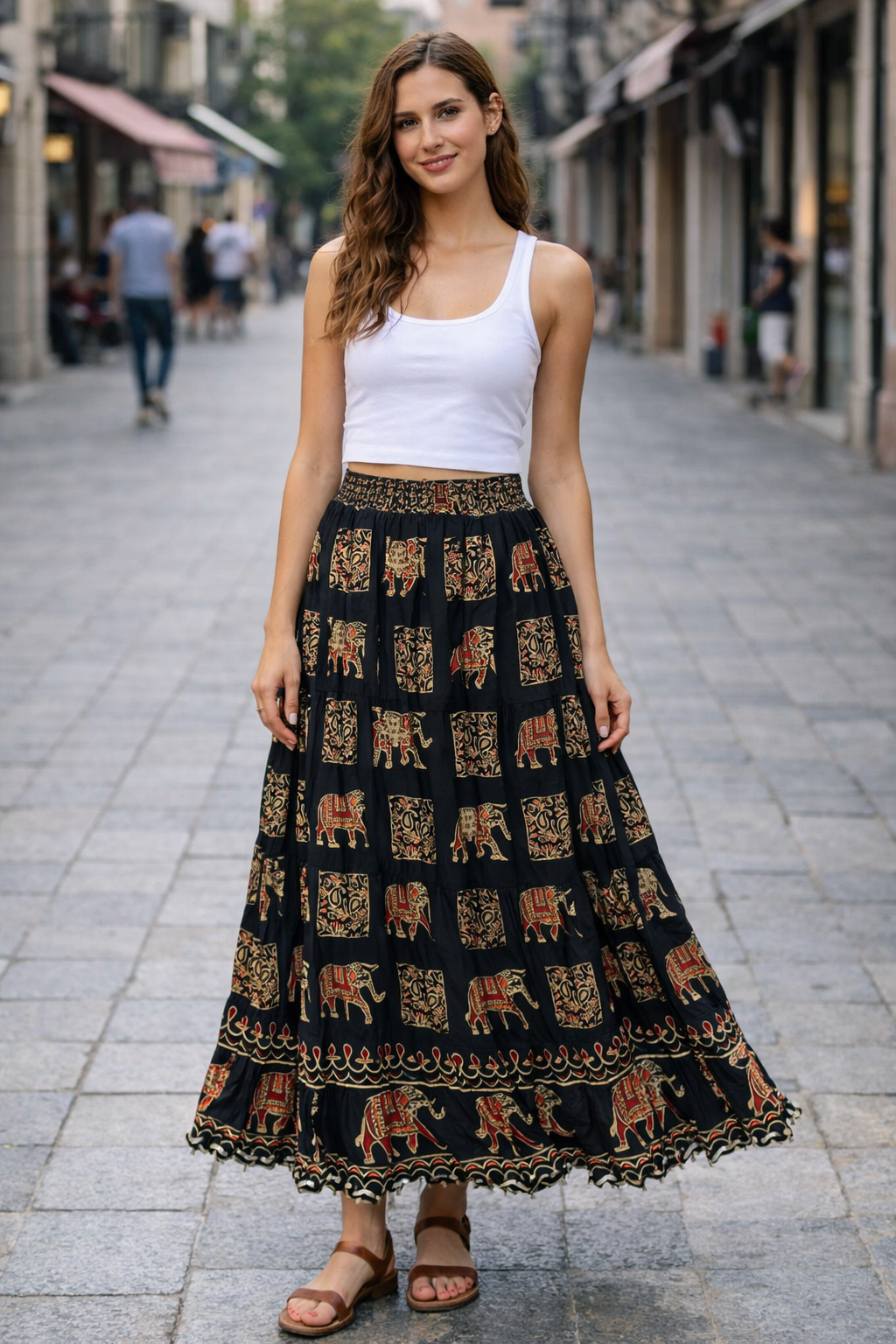 Printed black and golden Flared Long Skirt with Elastic Waist