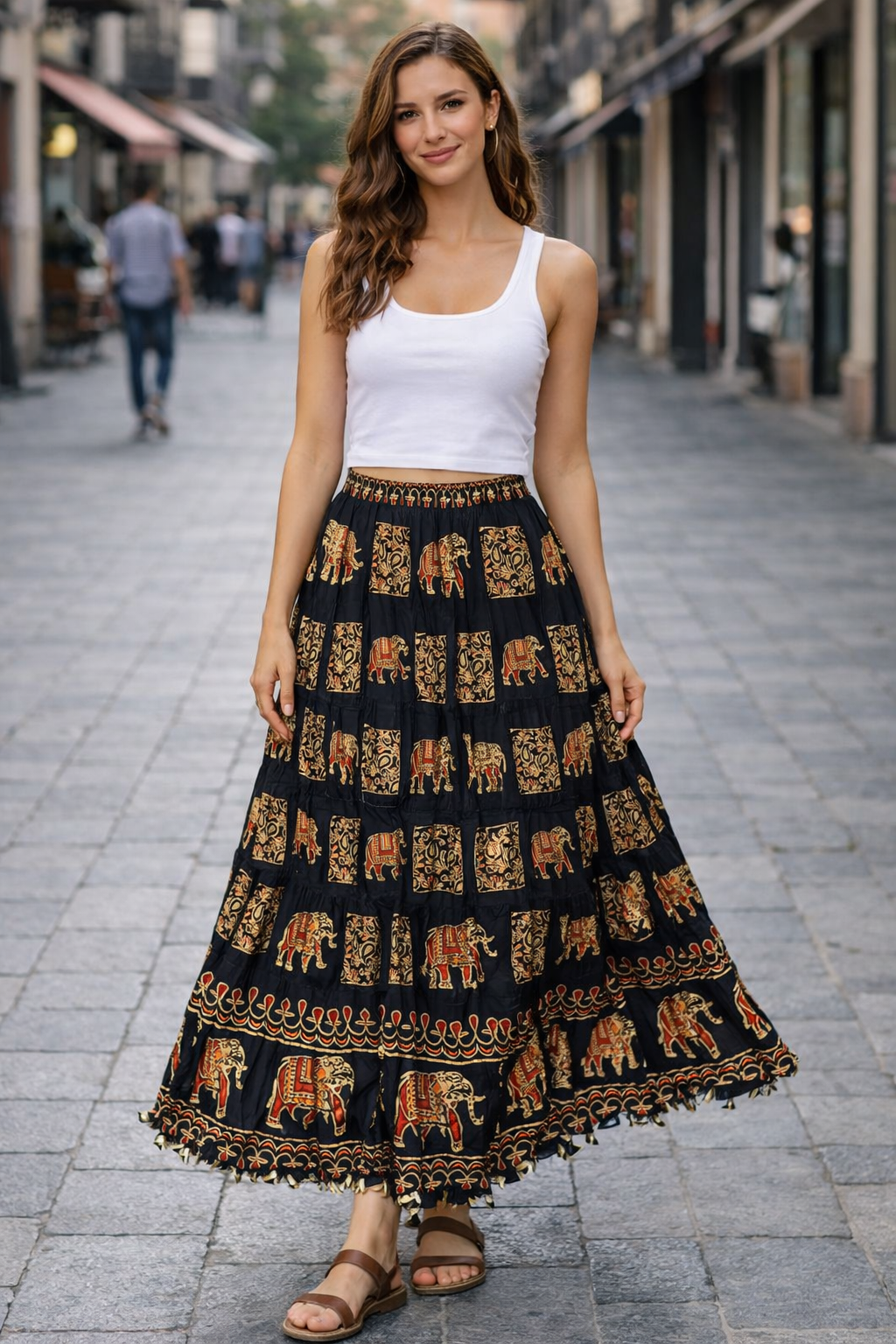 Printed black and golden Flared Long Skirt with Elastic Waist