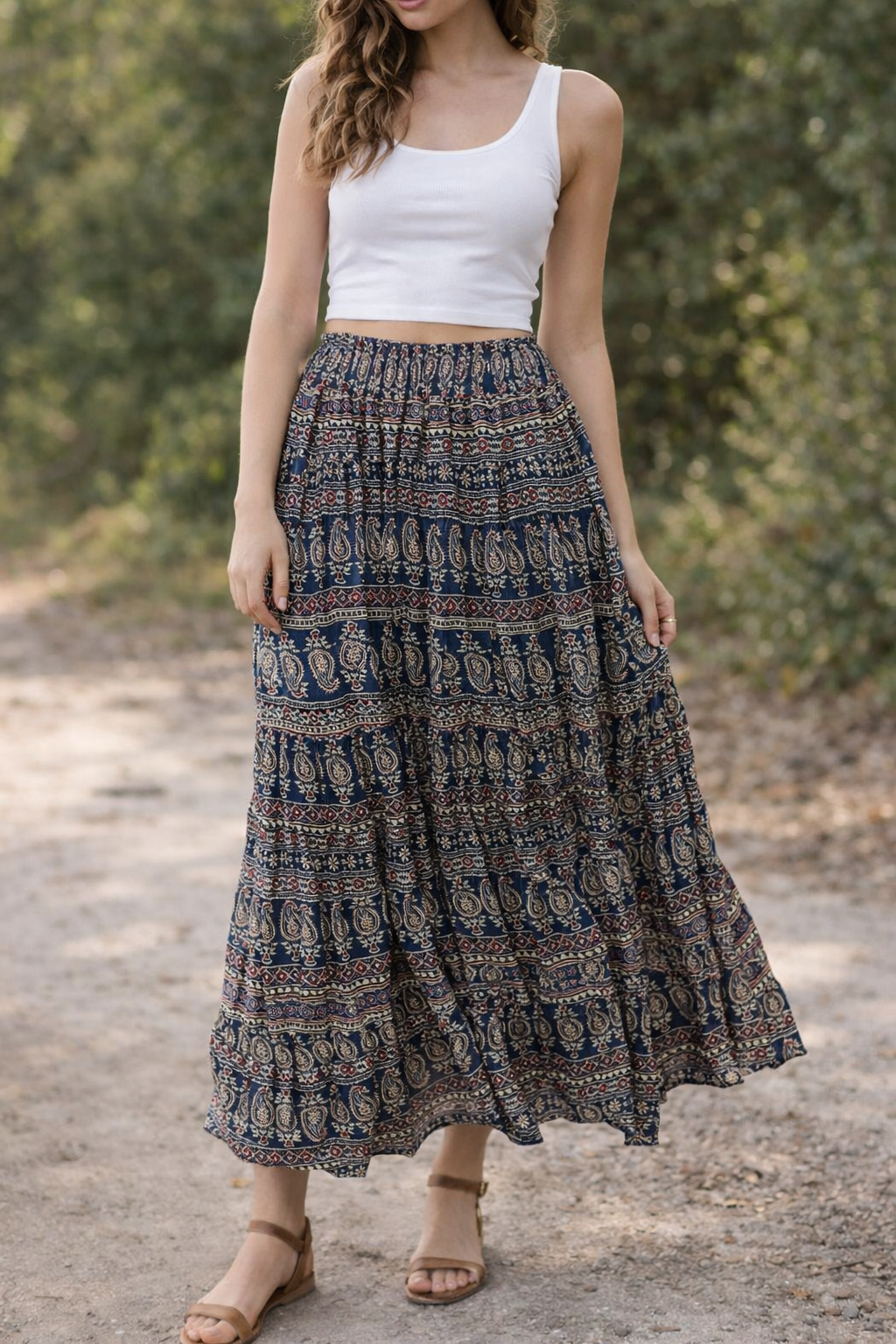 Navy blue Flared Long Skirt with Elastic Waist