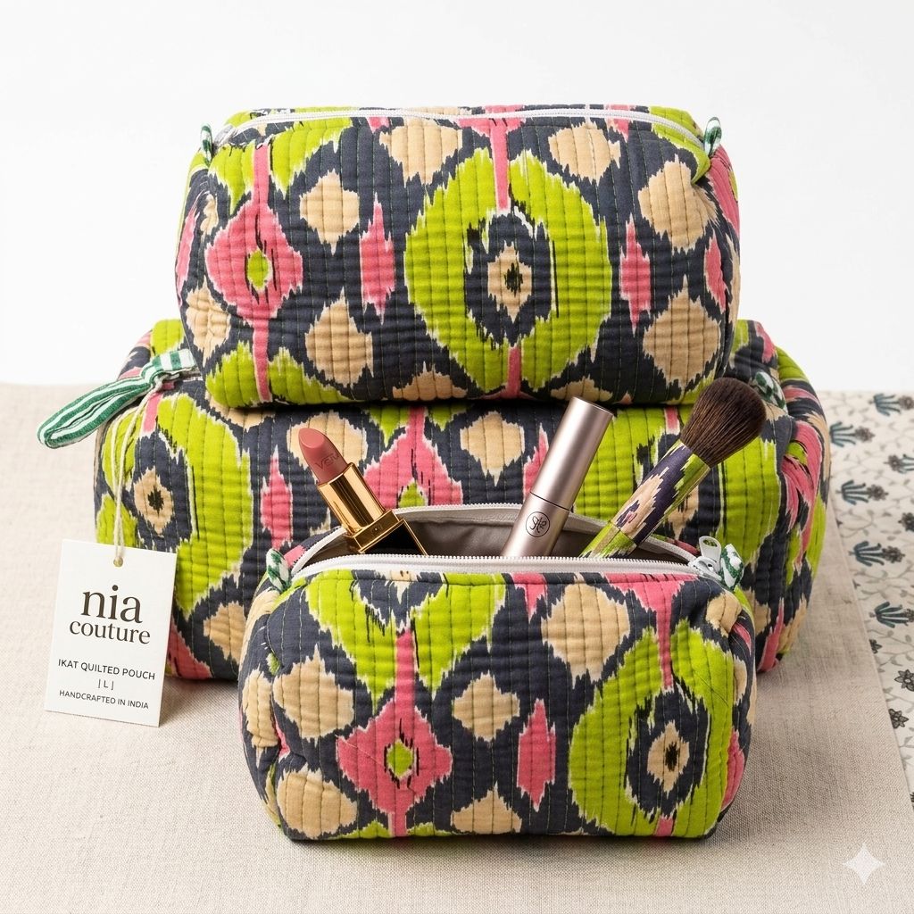 Handcrafted Quilted Ikat Print Cosmetic Pouch