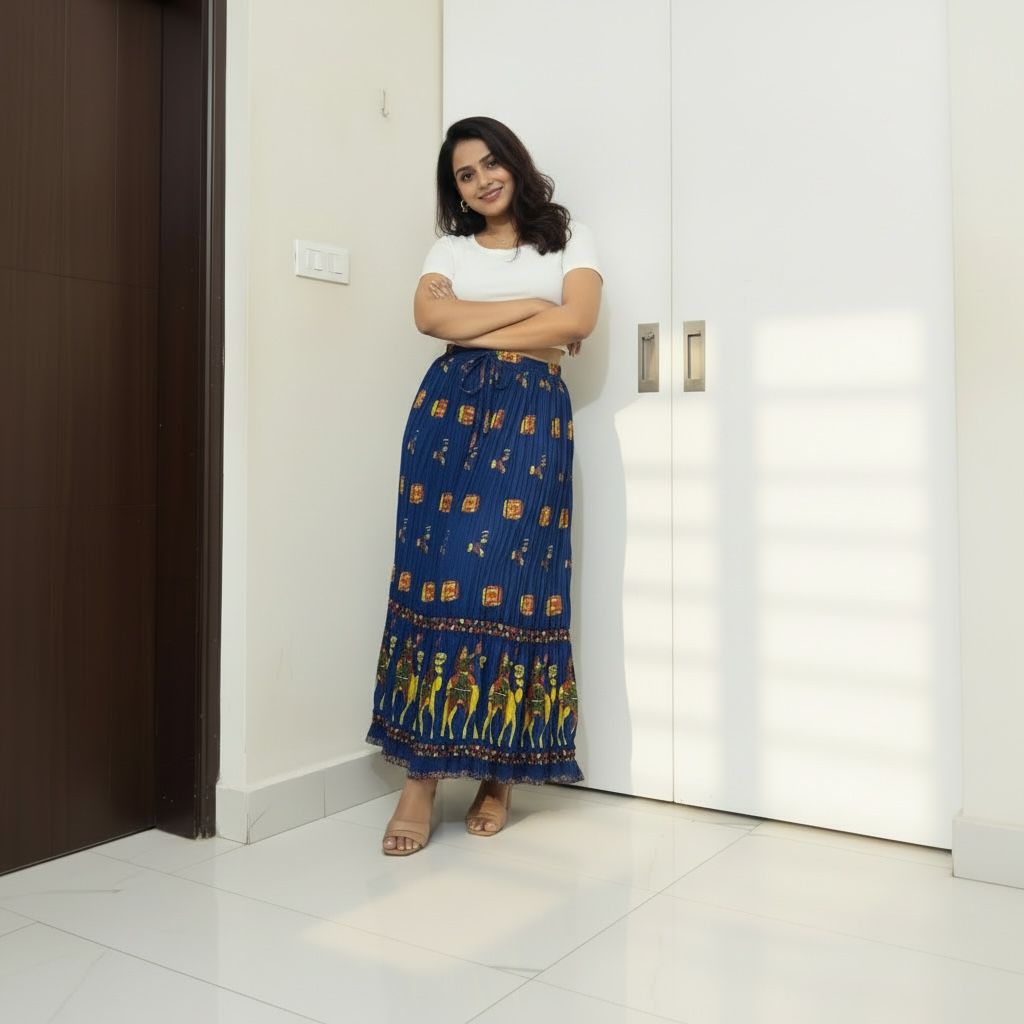 Blue Printed Long Skirt with Drawstring Waist