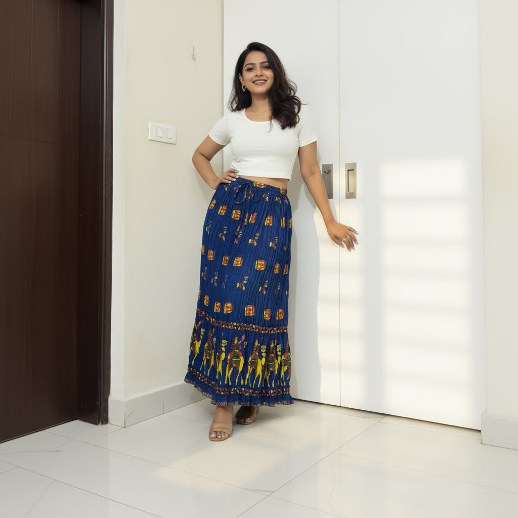 Blue Printed Long Skirt with Drawstring Waist