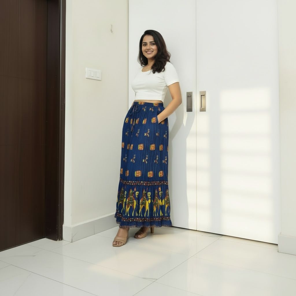 Blue Printed Long Skirt with Drawstring Waist