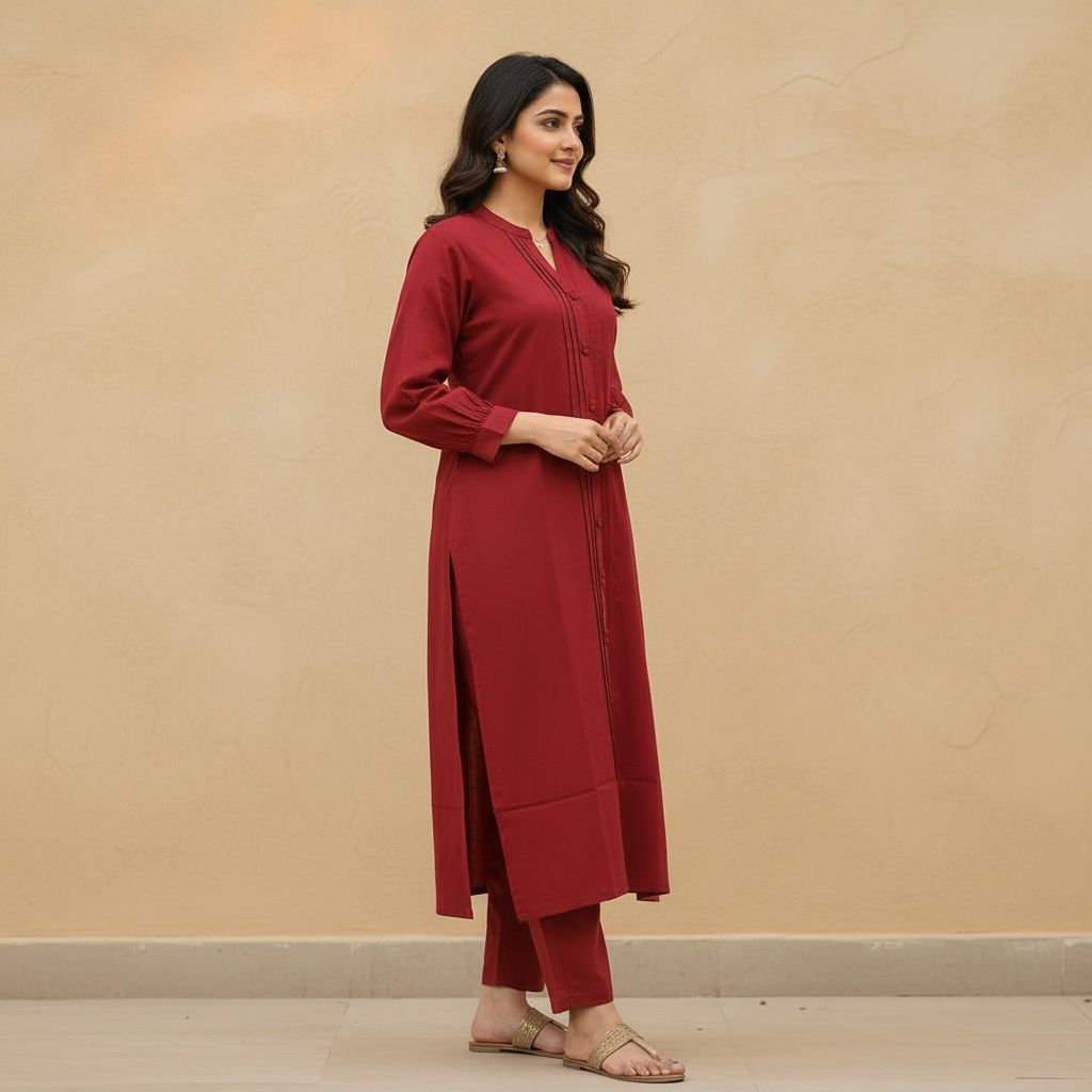 Maroon Straight Kurta Set with Button Detailing