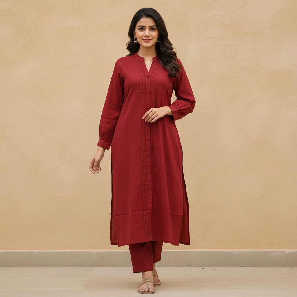 Maroon Straight Kurta Set with Button Detailing