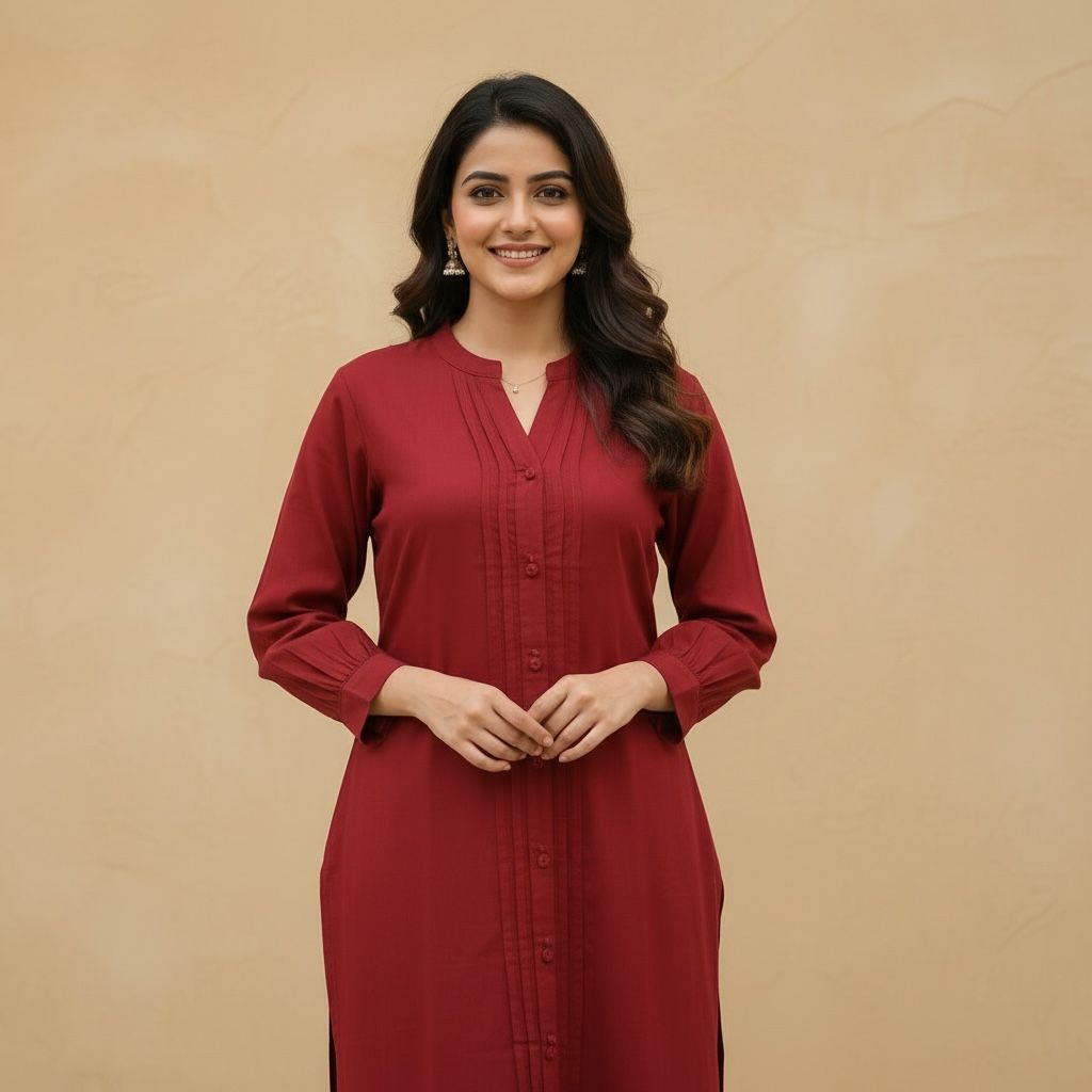 Maroon Straight Kurta Set with Button Detailing