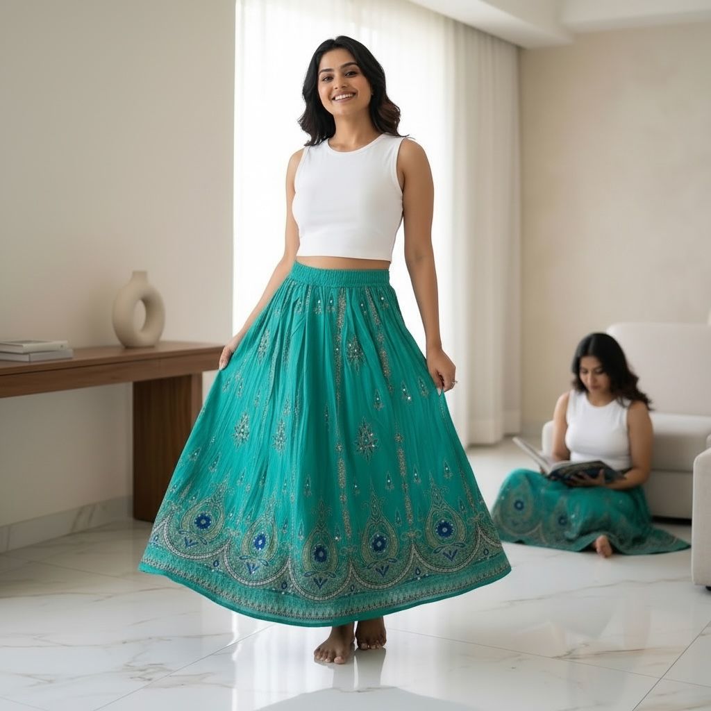 Teal Embellished Flared Long Skirt