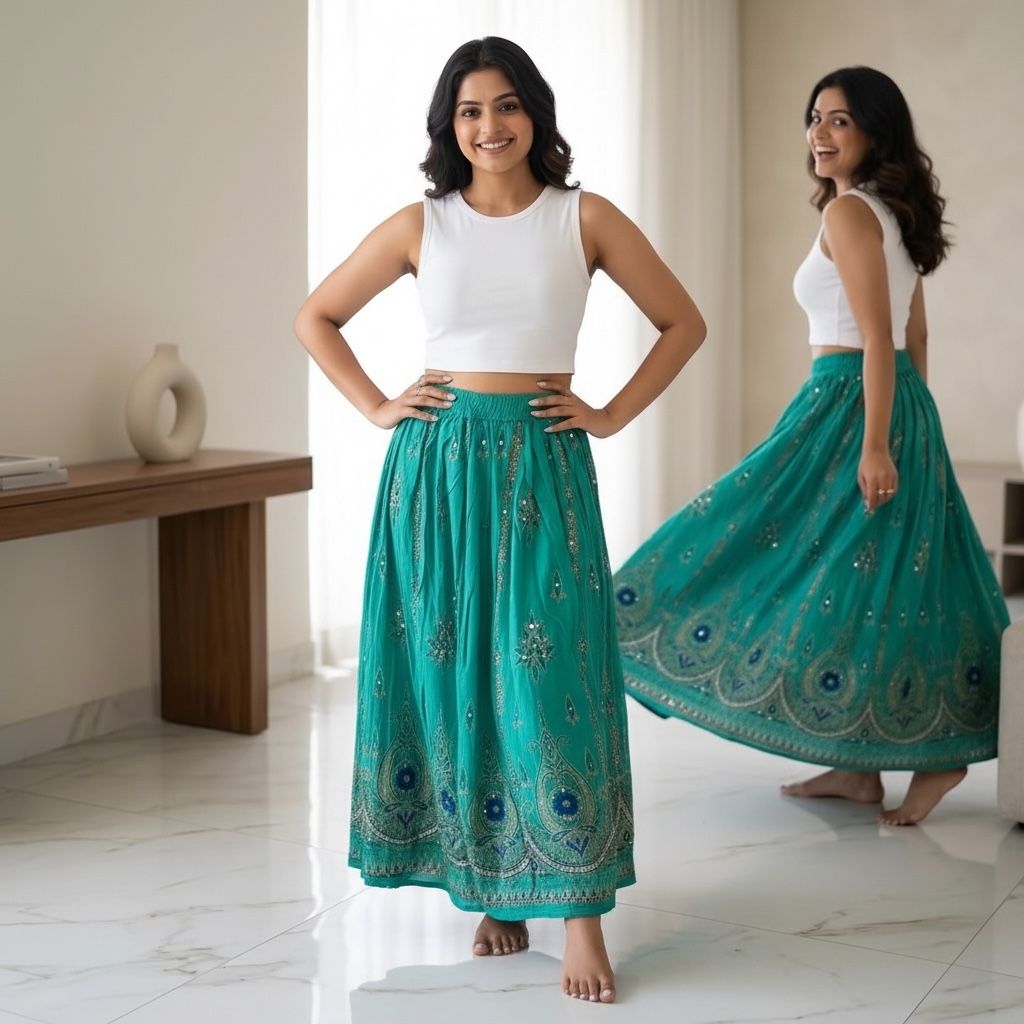 Teal Embellished Flared Long Skirt