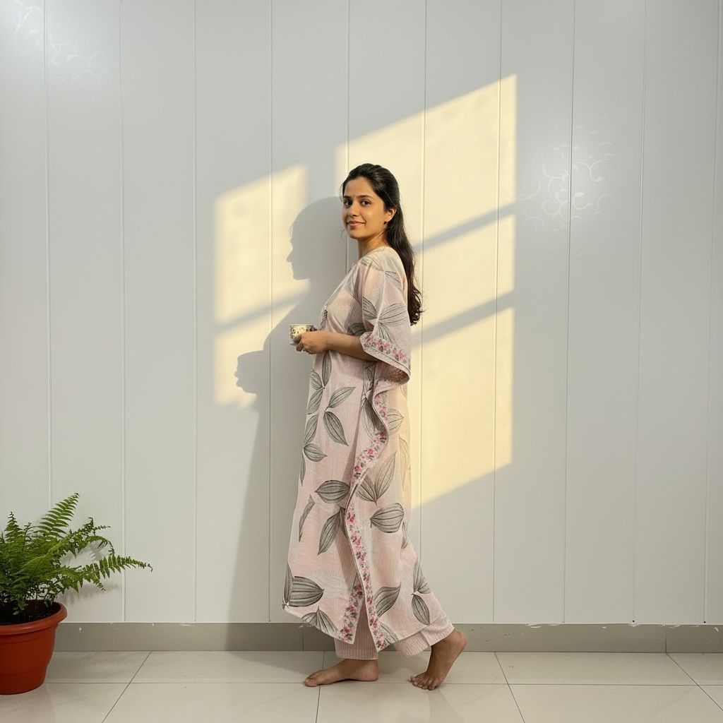 Pink Leaf Print Kaftan Kurta Set