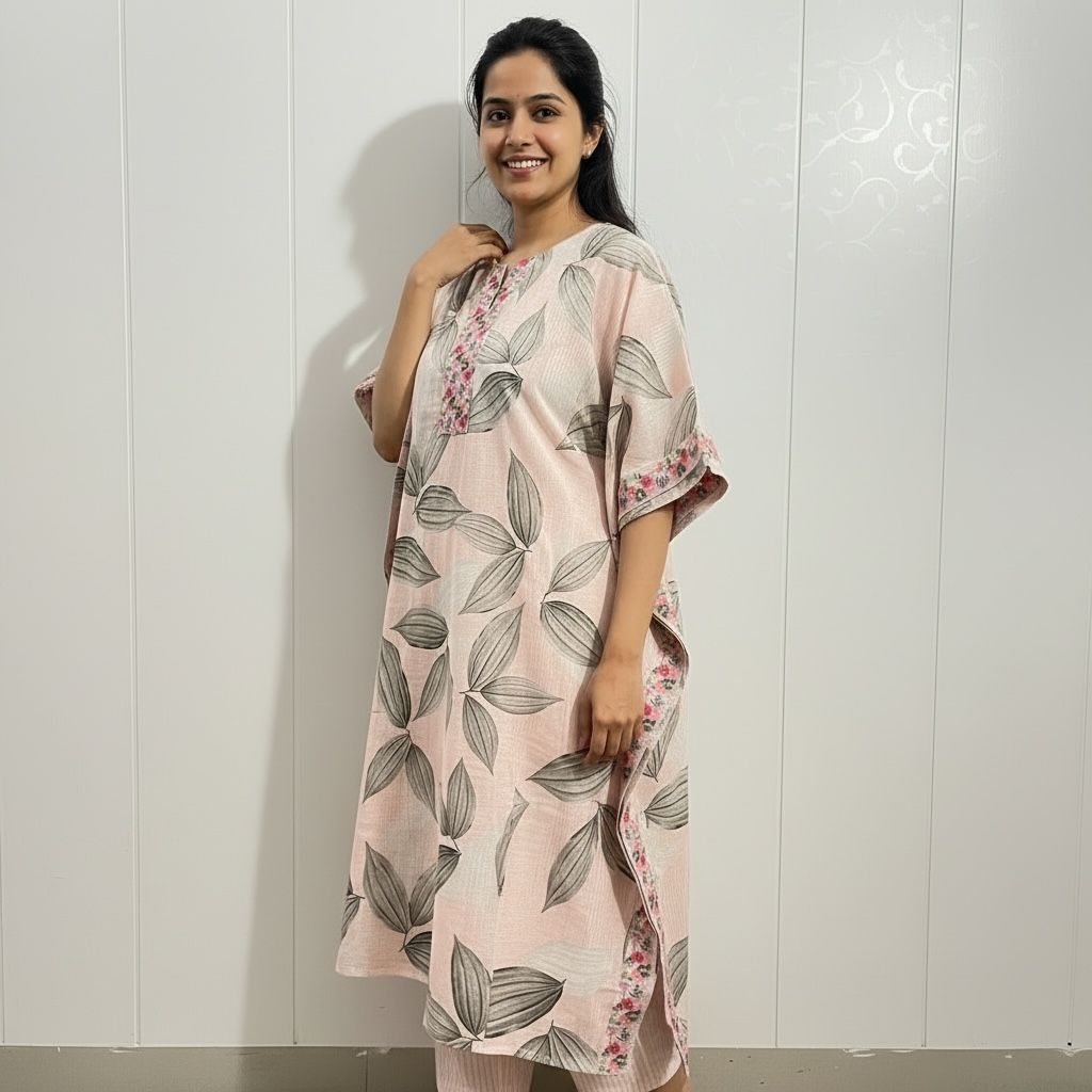 Pink Leaf Print Kaftan Kurta Set