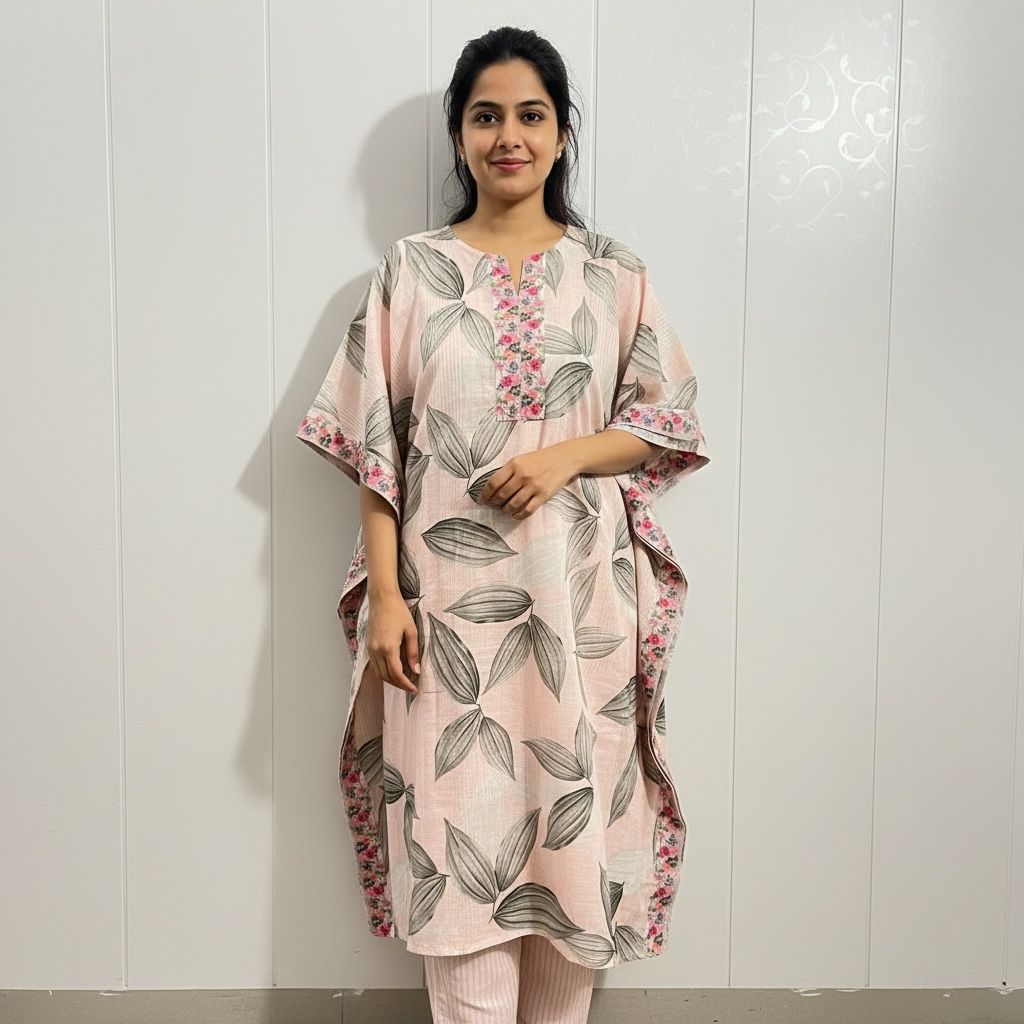 Pink Leaf Print Kaftan Kurta Set