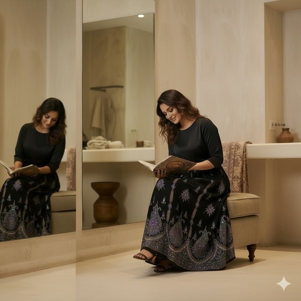 Black Embellished Long Skirt with Ornate Border