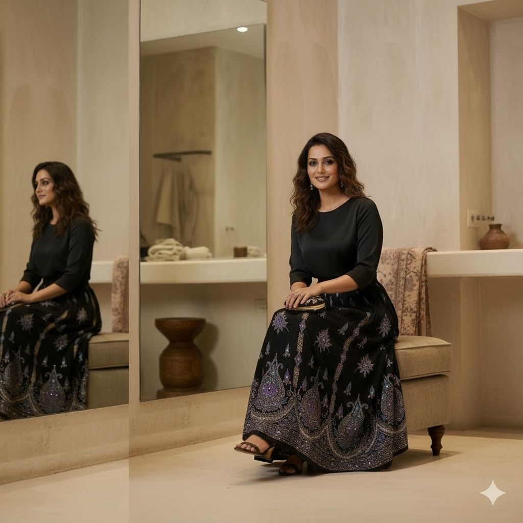 Black Embellished Long Skirt with Ornate Border