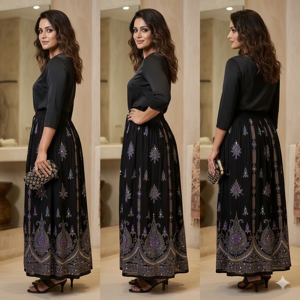 Black Embellished Long Skirt with Ornate Border