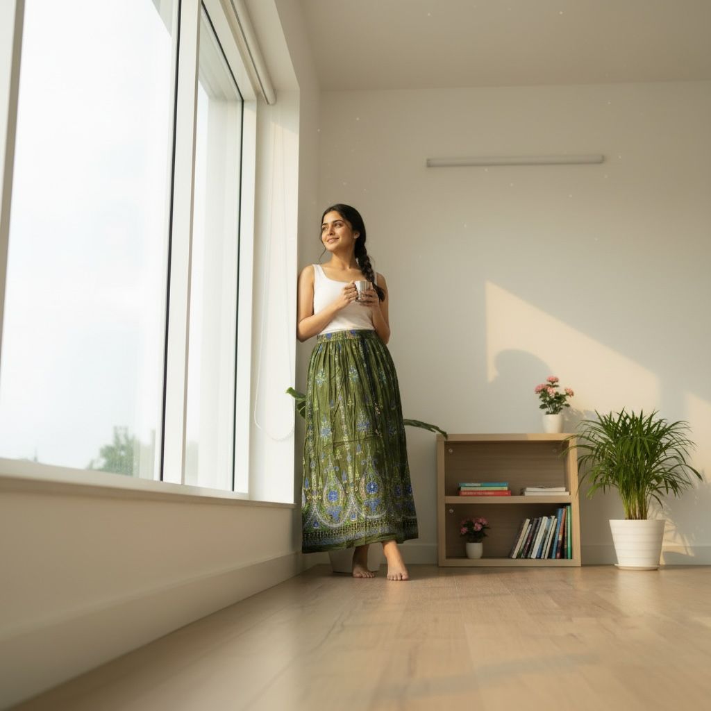Olive Green Printed Flared Long Skirt