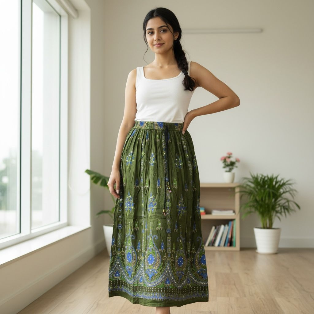 Olive Green Printed Flared Long Skirt