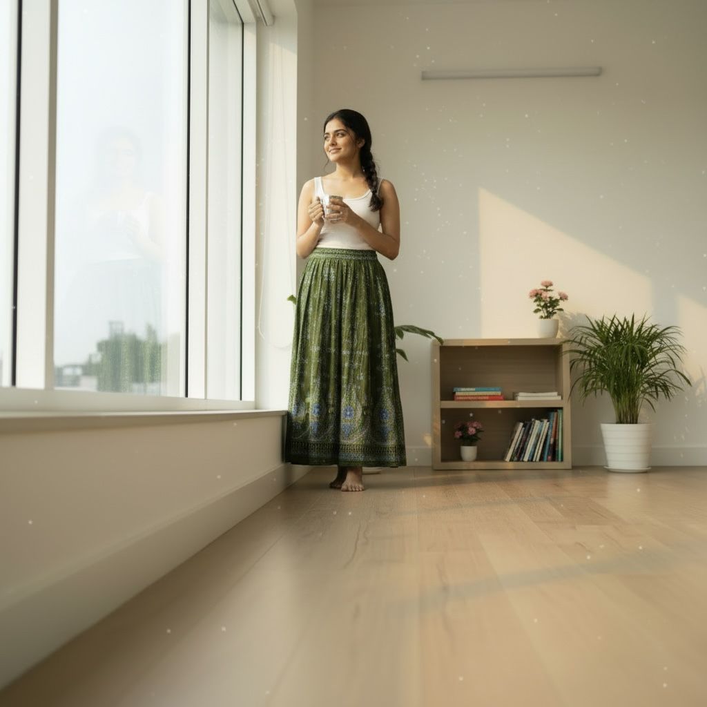 Olive Green Printed Flared Long Skirt