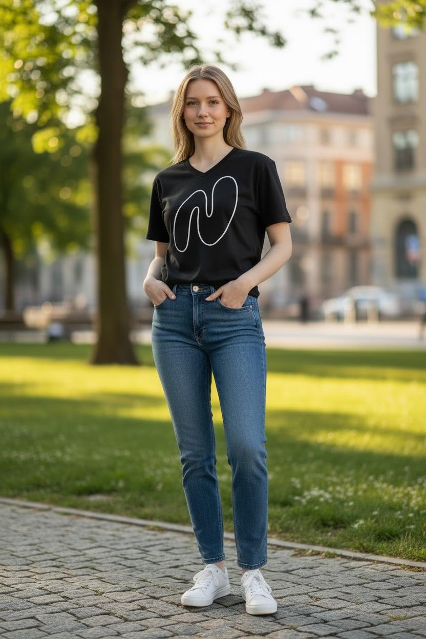 Black V‑Neck Logo Cotton T‑Shirt