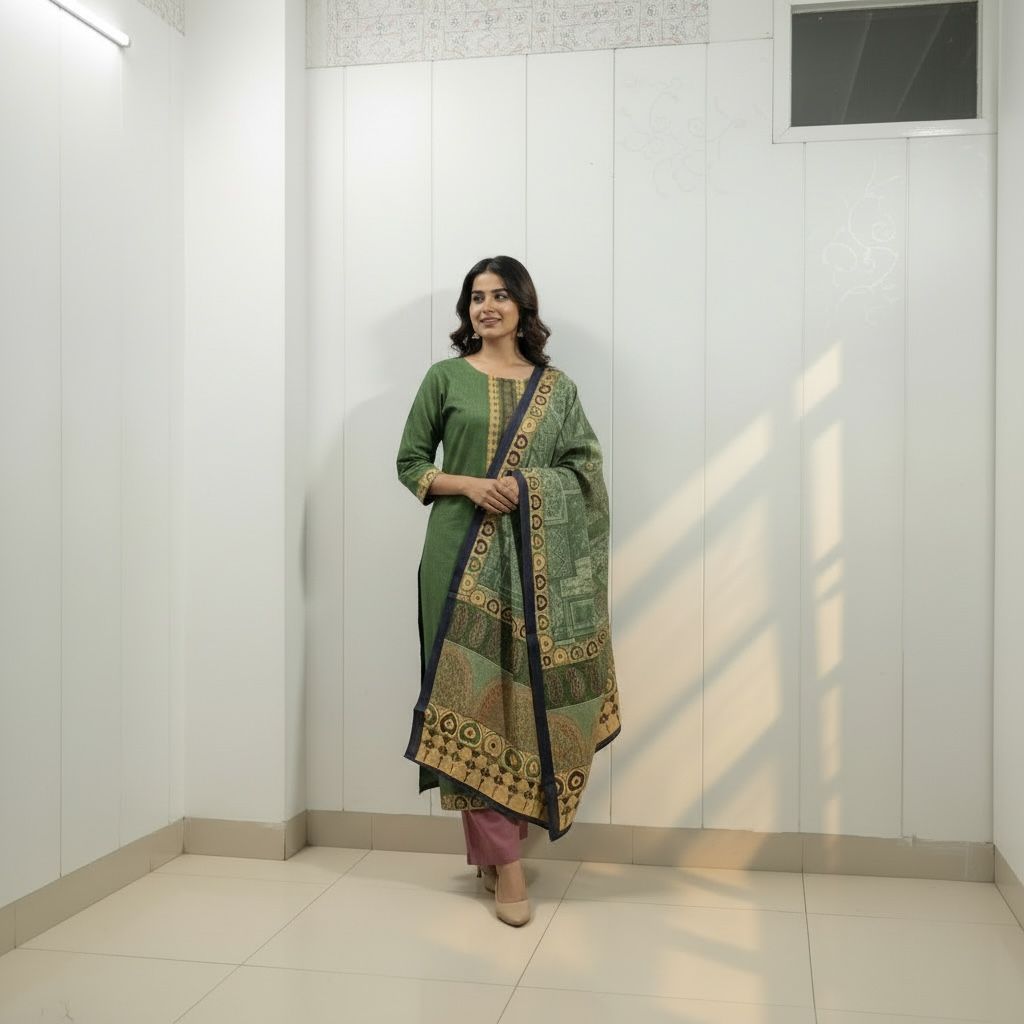 Olive Green Kurta Set with Printed Dupatta