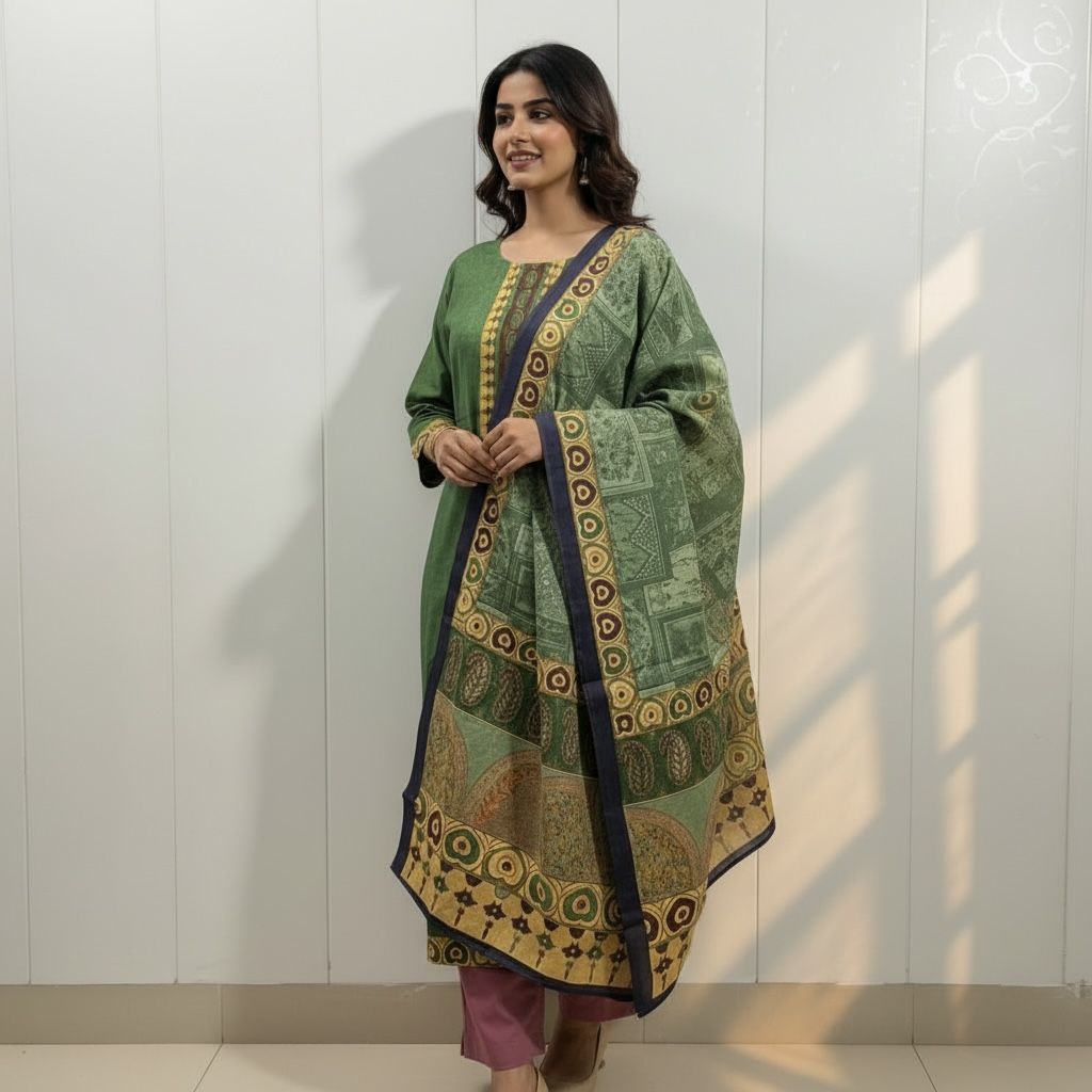 Olive Green Kurta Set with Printed Dupatta