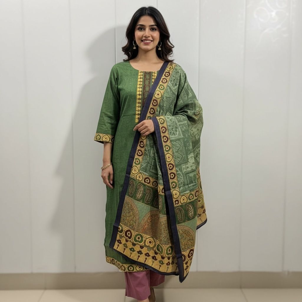 Olive Green Kurta Set with Printed Dupatta