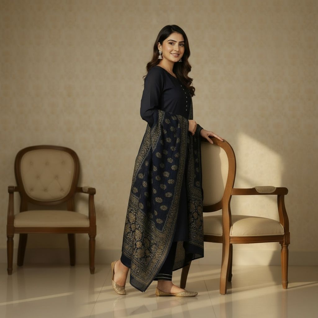 Navy Blue Kurta Set with Printed Dupatta