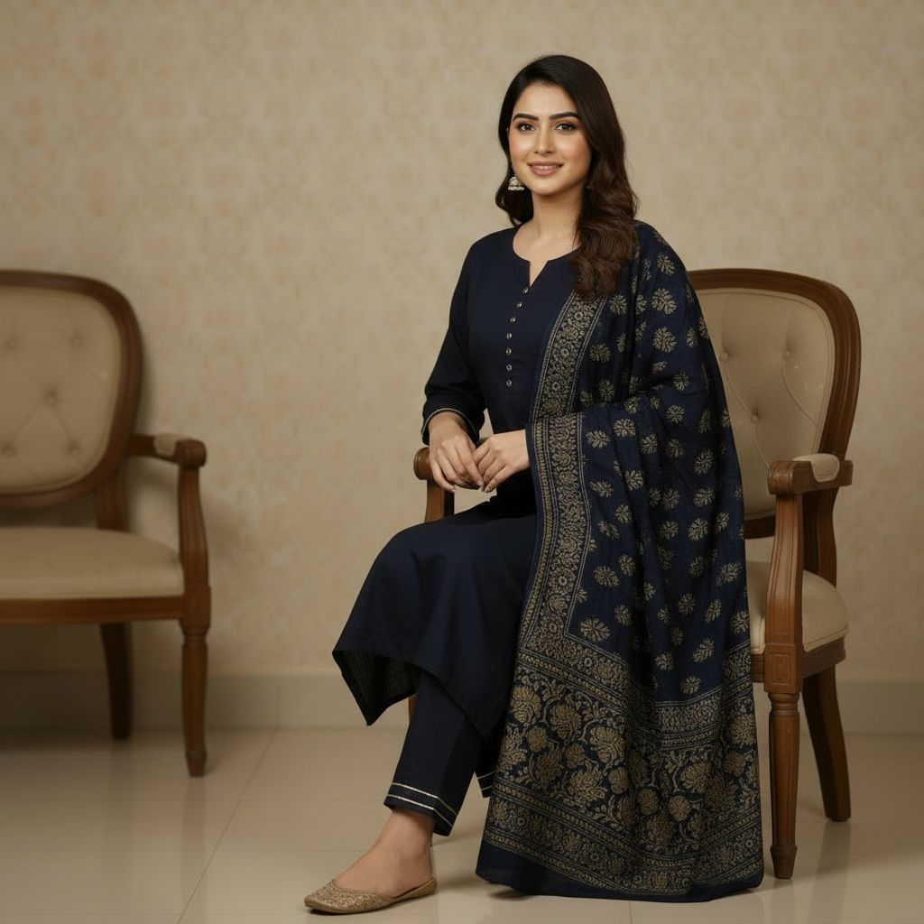 Navy Blue Kurta Set with Printed Dupatta