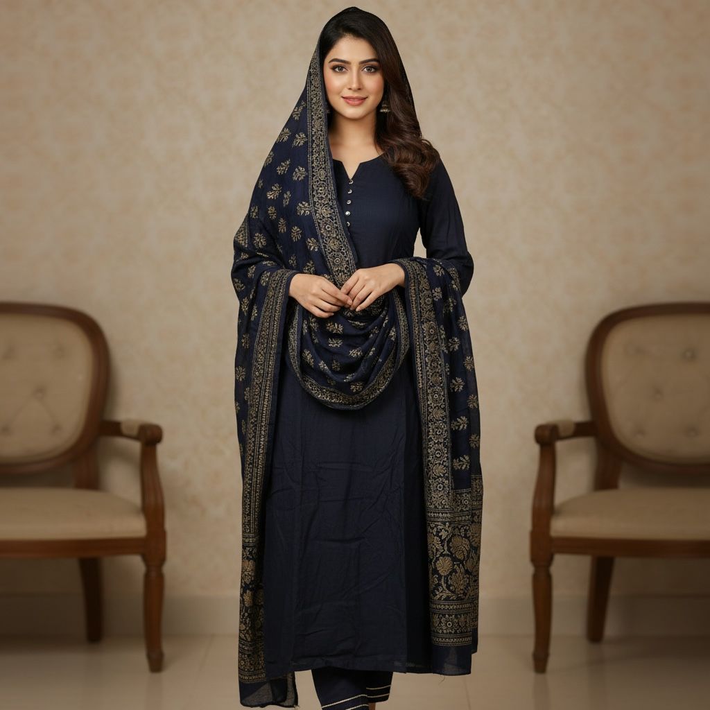 Navy Blue Kurta Set with Printed Dupatta