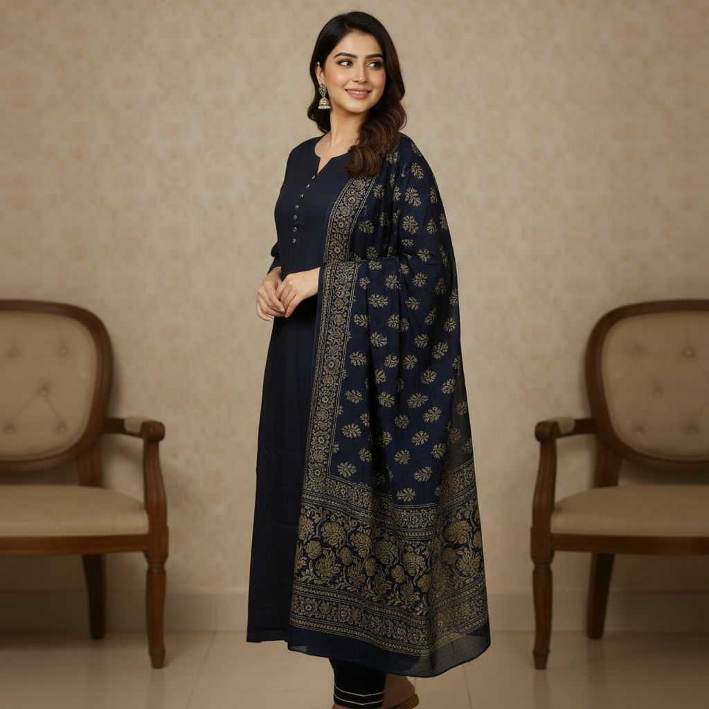 Navy Blue Kurta Set with Printed Dupatta