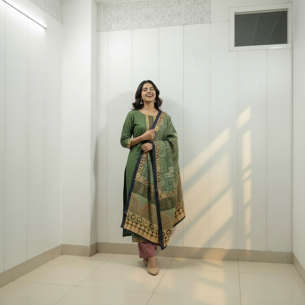 Olive Green Kurta Set with Printed Dupatta