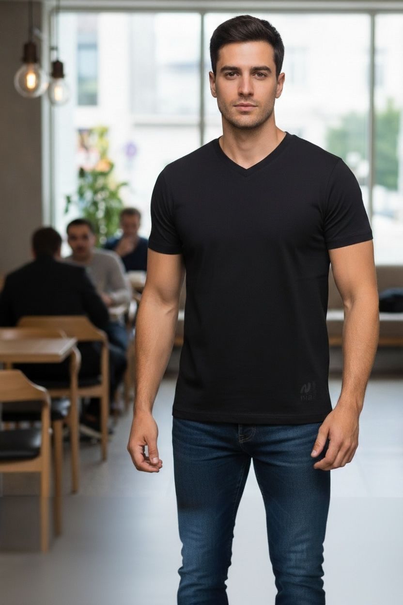 Classic Black Solid V‑Neck T‑Shirt