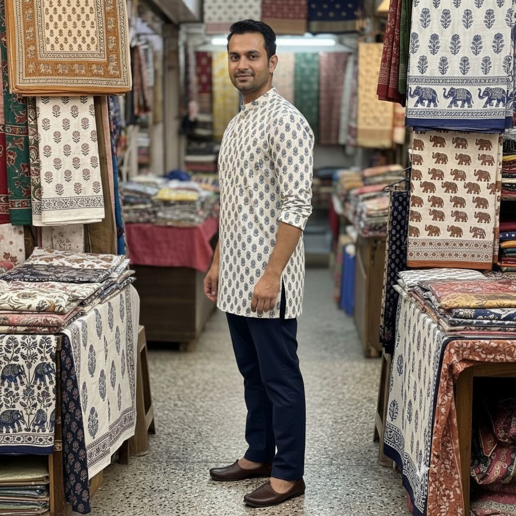 Printed White short Cotton Kurta – Classic & Comfortable