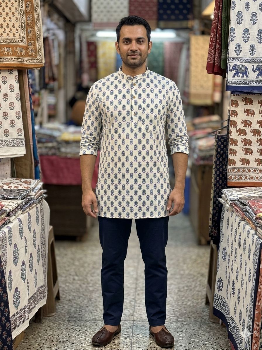 Printed White short Cotton Kurta – Classic & Comfortable