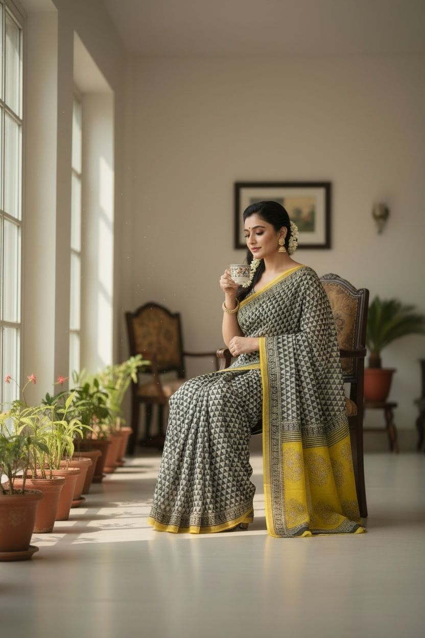 Kota Zari Saree with Geometric Motifs (Black & off‑white body with mustard yellow border)