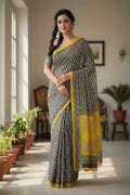 Kota Zari Saree with Geometric Motifs (Black & off‑white body with mustard yellow border)