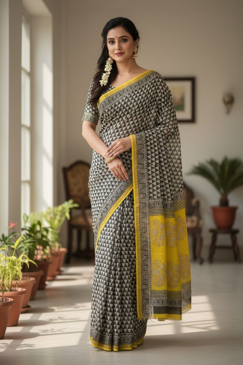 Kota Zari Saree with Geometric Motifs (Black & off‑white body with mustard yellow border)
