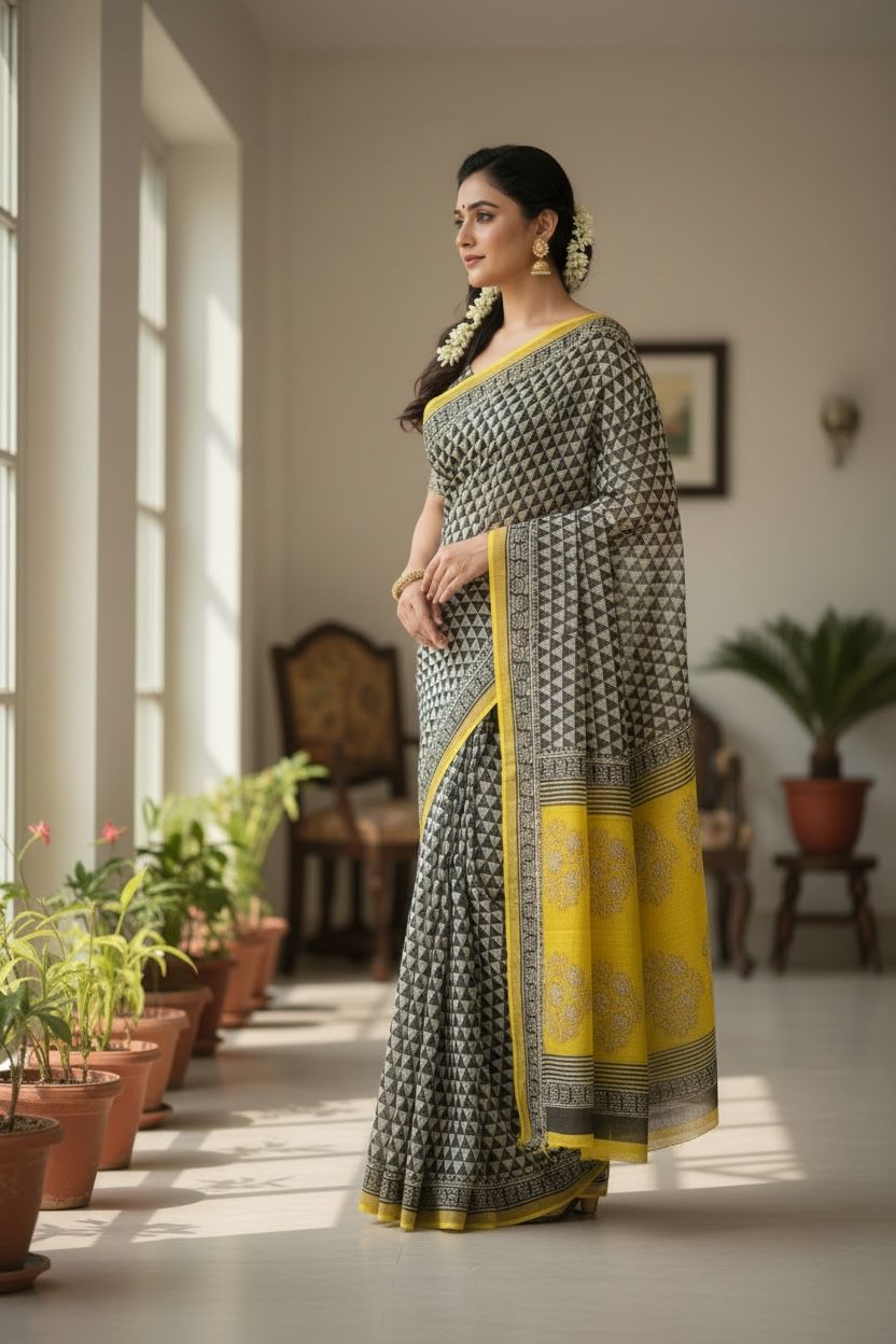 Kota Zari Saree with Geometric Motifs (Black & off‑white body with mustard yellow border)