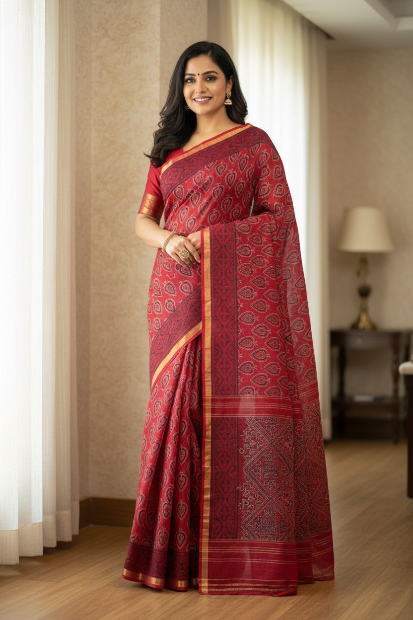 Red Kota Zari Saree with Traditional Motifs