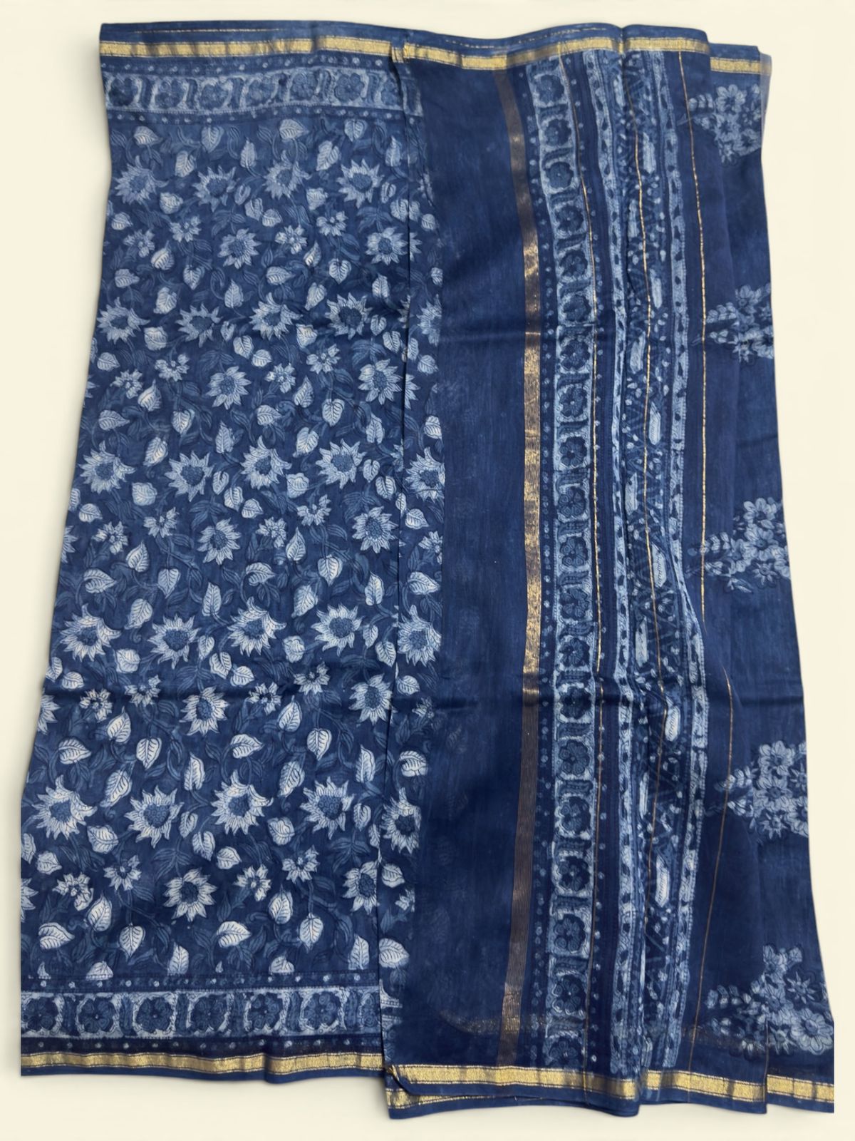 Deep indigo Chanderi Cotton Silk Saree with Anokhi Print