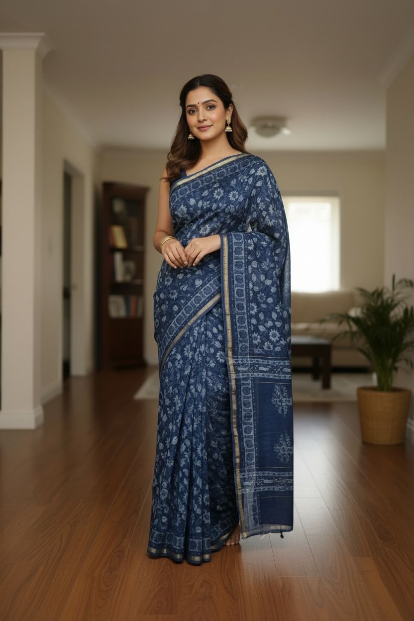 Deep indigo Chanderi Cotton Silk Saree with Anokhi Print