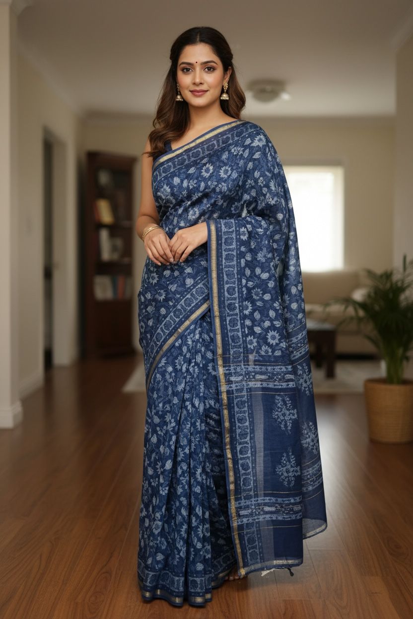 Deep indigo Chanderi Cotton Silk Saree with Anokhi Print