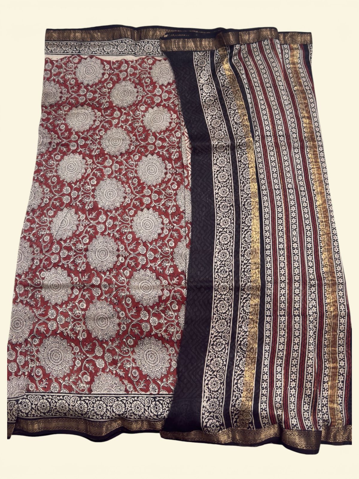 Cotton Maheshwari Silk Saree with Bagru Print