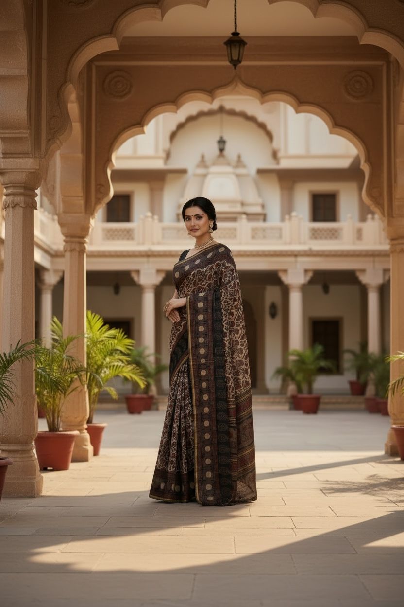 Cotton Maheshwari Silk Saree with Bagru Print